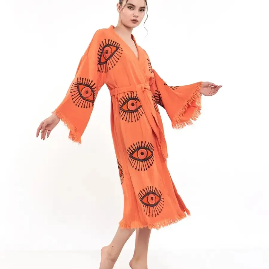 0 Cotton Kimono, Evil Eye Robe, Boho Kimono