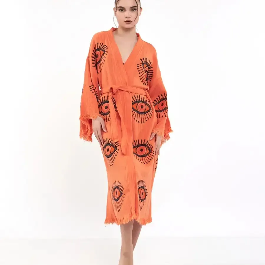 0 Cotton Kimono, Evil Eye Robe, Boho Kimono