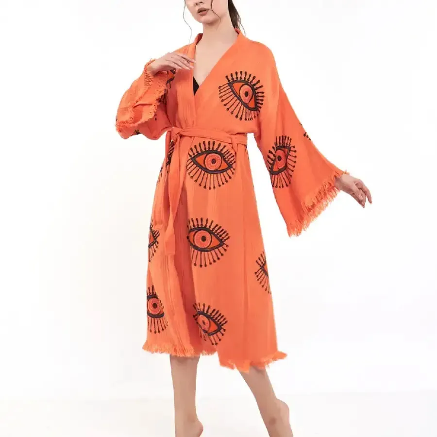 0 Cotton Kimono, Evil Eye Robe, Boho Kimono