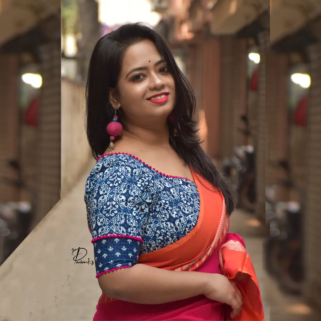 Ahir - An Indigo Blouse with Rani Pompom