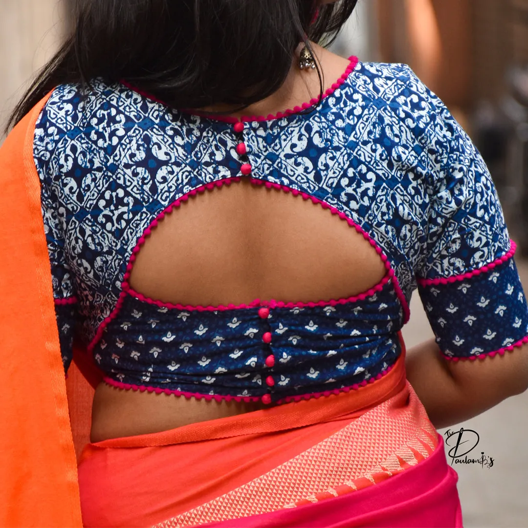Ahir - An Indigo Blouse with Rani Pompom