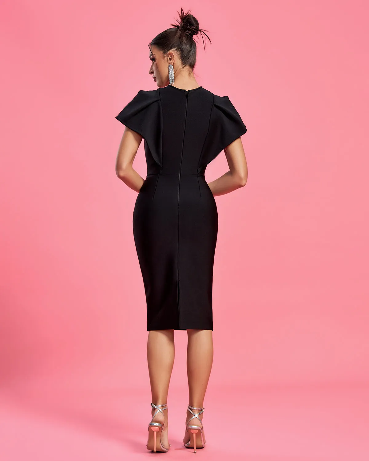 Angel-sleeve Ruffled Midi Bandage Dress