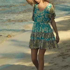 Anthropologie Turquoise Floral Daily Practice Tiered Ruffle Mini Dress Floral