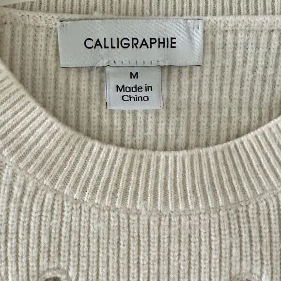 Anthropology Calligraphie Eyelet Cream Ruffled Long Sleeved Crew Neck Sweater