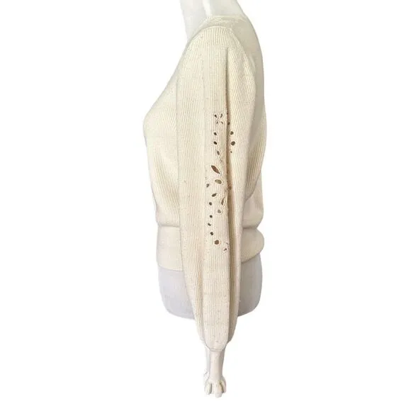Anthropology Calligraphie Eyelet Cream Ruffled Long Sleeved Crew Neck Sweater