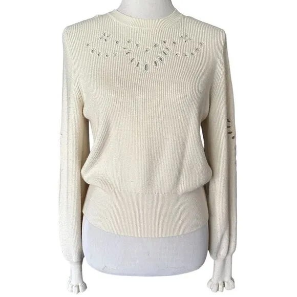 Anthropology Calligraphie Eyelet Cream Ruffled Long Sleeved Crew Neck Sweater