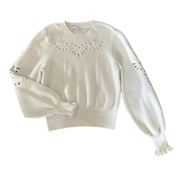 Anthropology Calligraphie Eyelet Cream Ruffled Long Sleeved Crew Neck Sweater