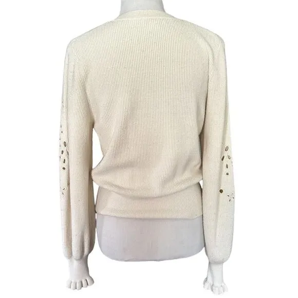 Anthropology Calligraphie Eyelet Cream Ruffled Long Sleeved Crew Neck Sweater