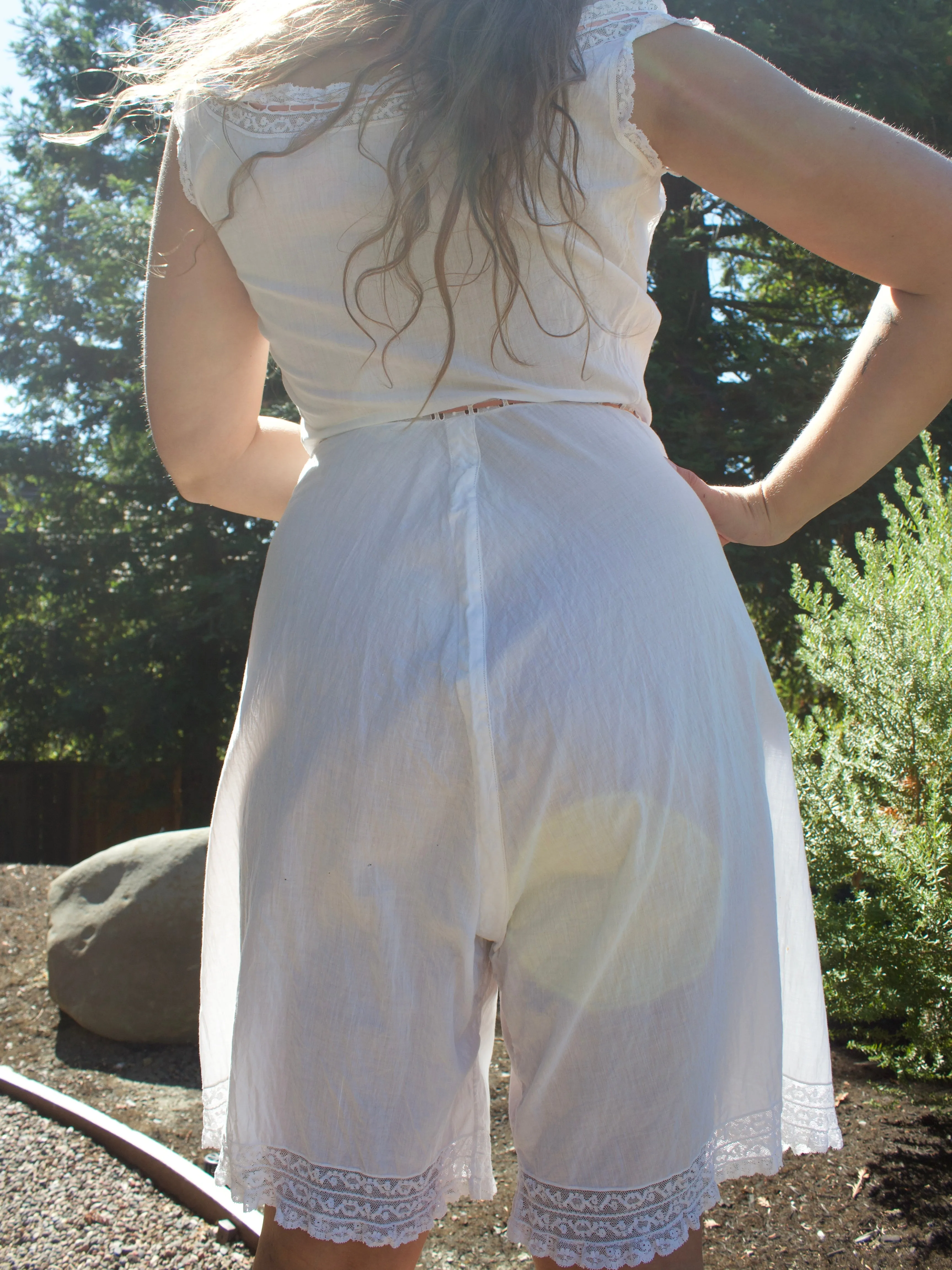 Antique Edwardian Whitework Insertion Lace Combination Romper w/ Ribbons