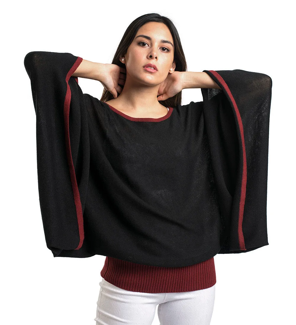 Baby Alpaca Blend Wool Kimono Sweater Poncho Knitted Lightweight Fitted Waist Wide Arms Two Colors Design