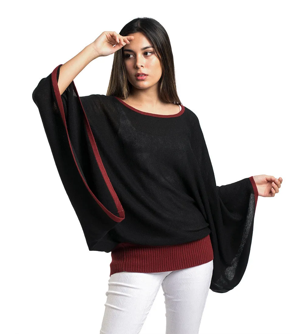 Baby Alpaca Blend Wool Kimono Sweater Poncho Knitted Lightweight Fitted Waist Wide Arms Two Colors Design