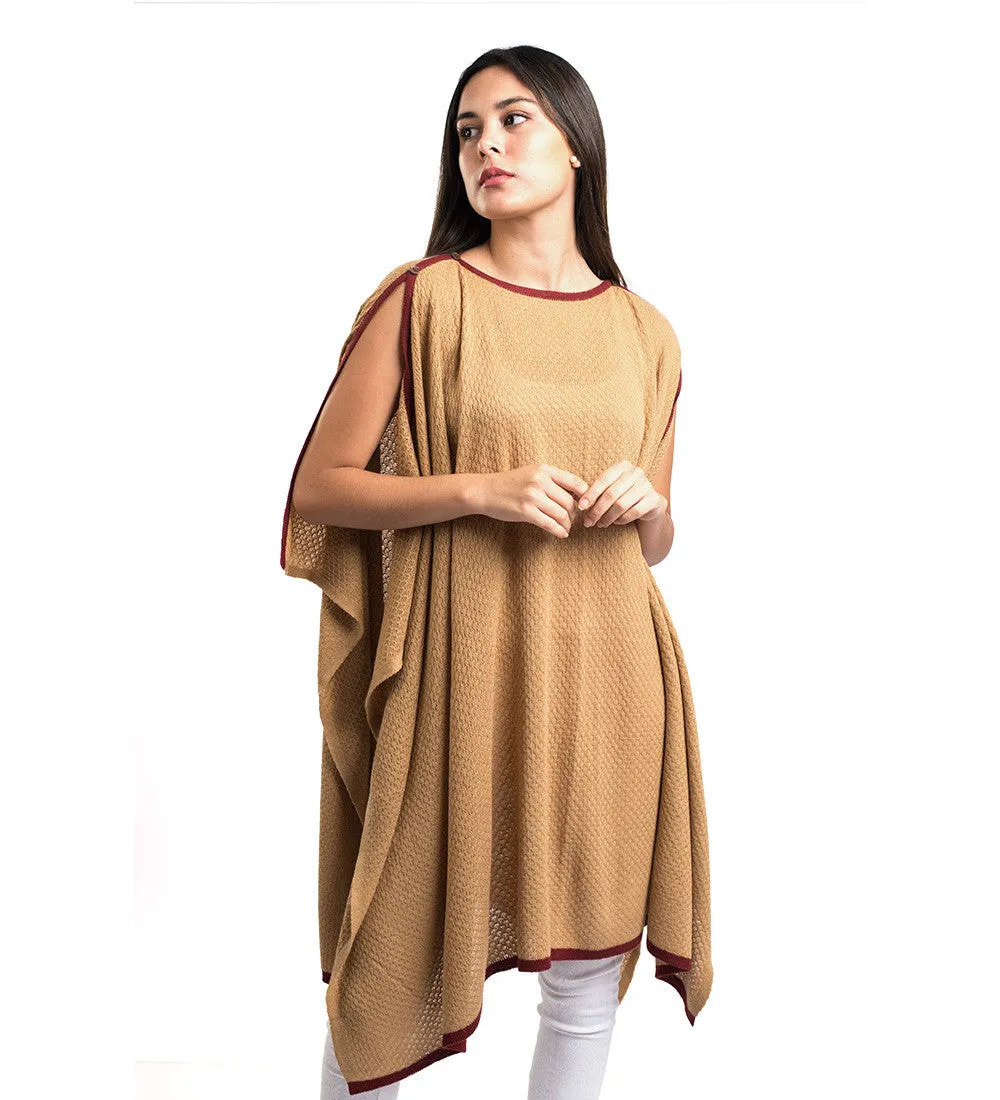 Baby Alpaca Sweater Draped Poncho Camel