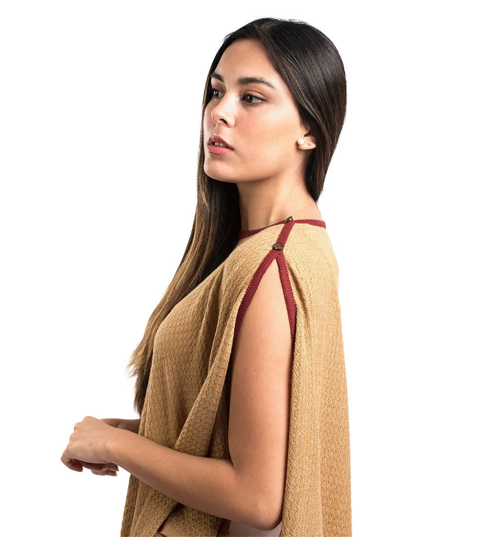 Baby Alpaca Sweater Draped Poncho Camel