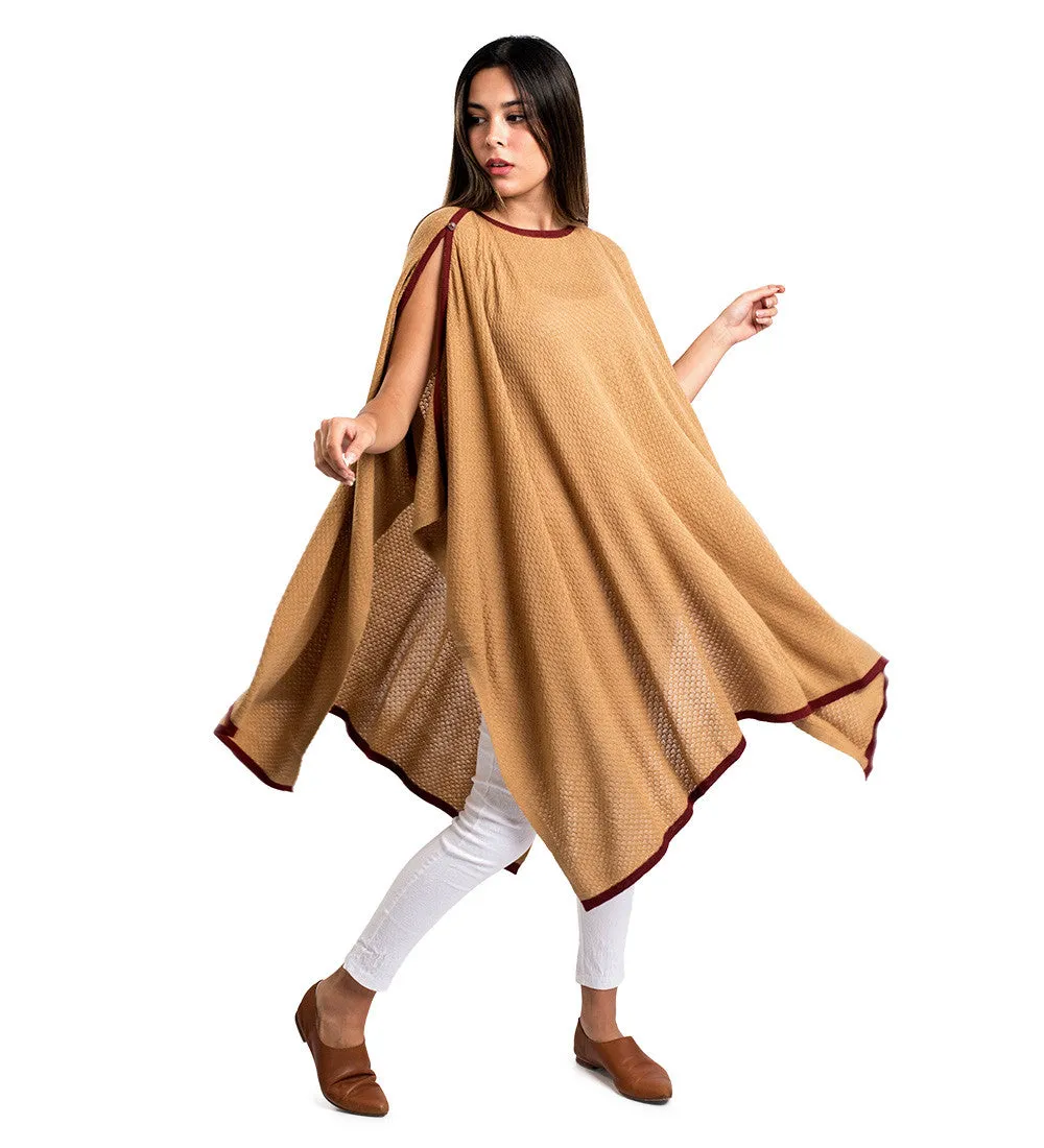 Baby Alpaca Sweater Draped Poncho Camel