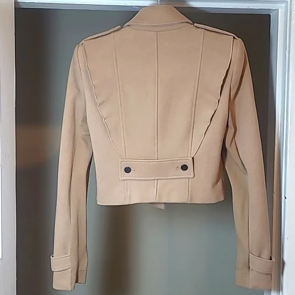 BCBGMAXAZRIA Fay Ruffled Cropped Moto Military Jacket in Sand Womens Size Small