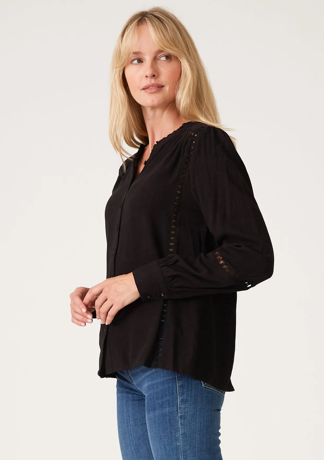 Black Button Up Long Sleeve Lattice Trim Blouse