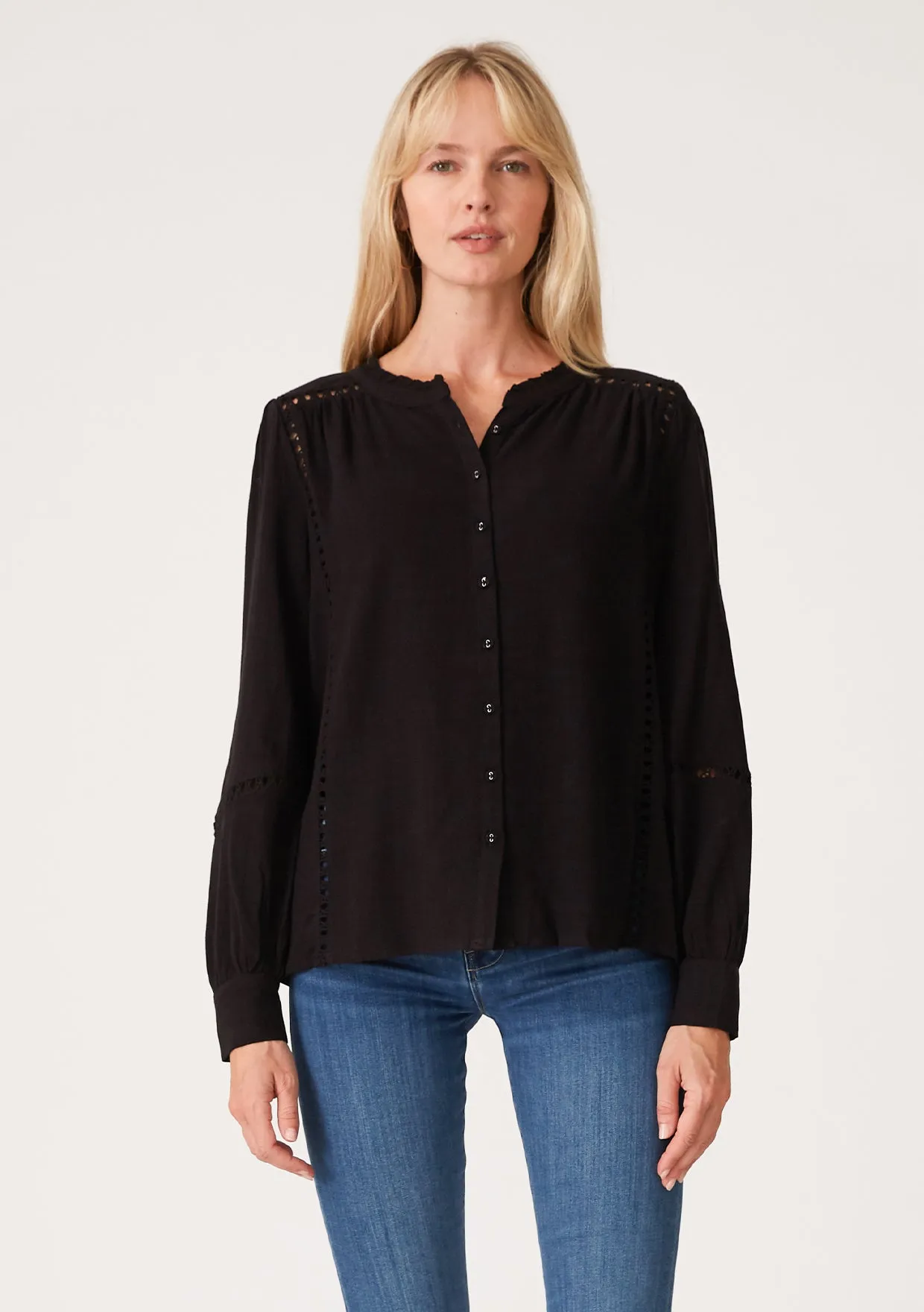 Black Button Up Long Sleeve Lattice Trim Blouse