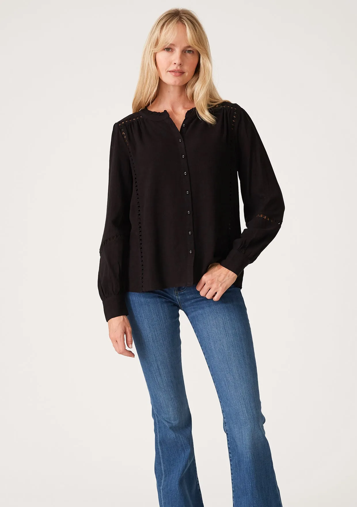 Black Button Up Long Sleeve Lattice Trim Blouse