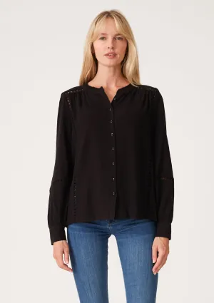 Black Button Up Long Sleeve Lattice Trim Blouse