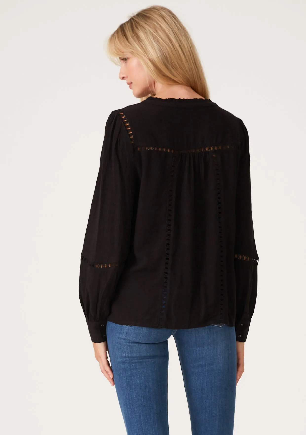 Black Button Up Long Sleeve Lattice Trim Blouse