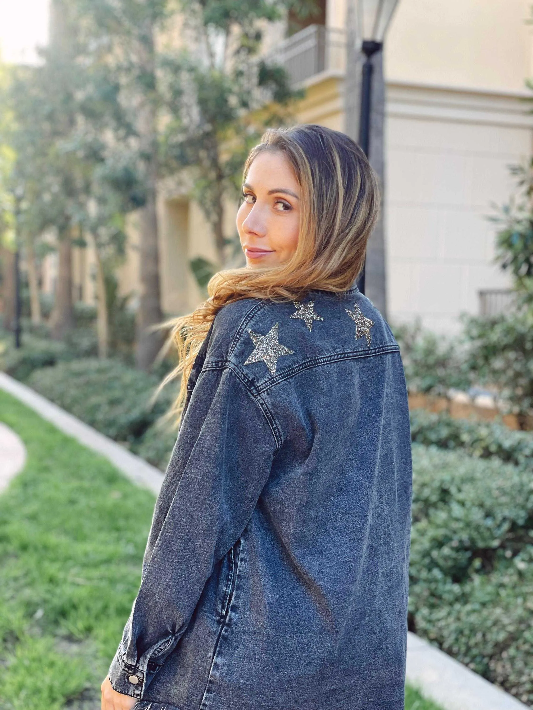 Black Oversized Denim Jacket Silver Stars