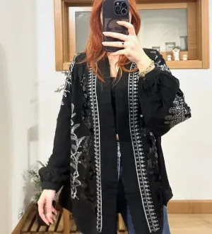 Black Silver Embroidered Kimono