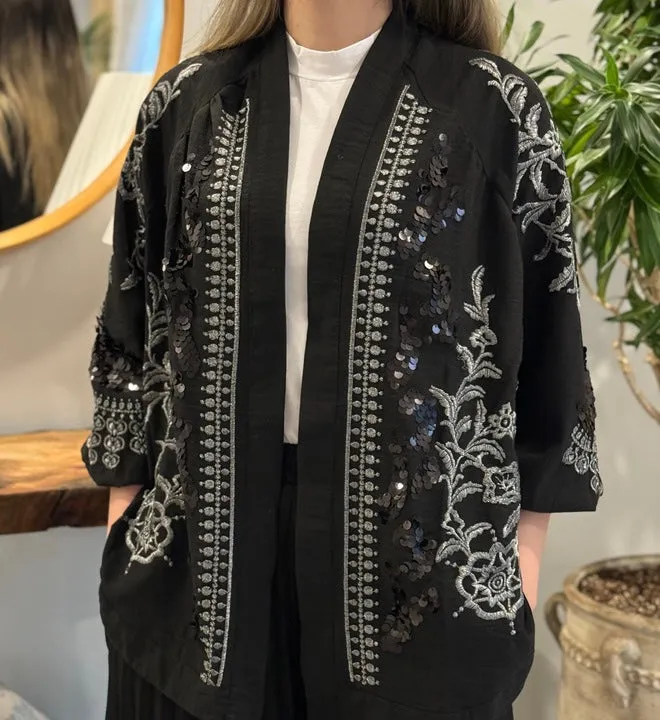 Black Silver Embroidered Kimono