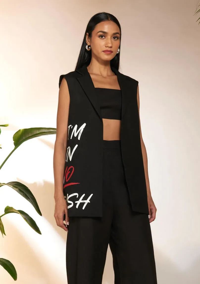 Black slogan sleeveless blazer