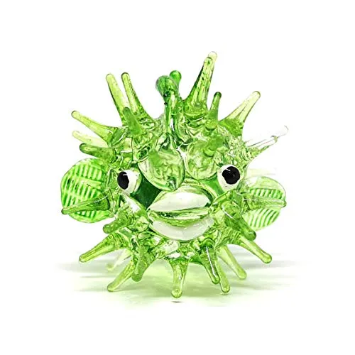 Blown Glass Figurines Green Puffer Fish Tiny Aquarium Miniature Handmade Decor