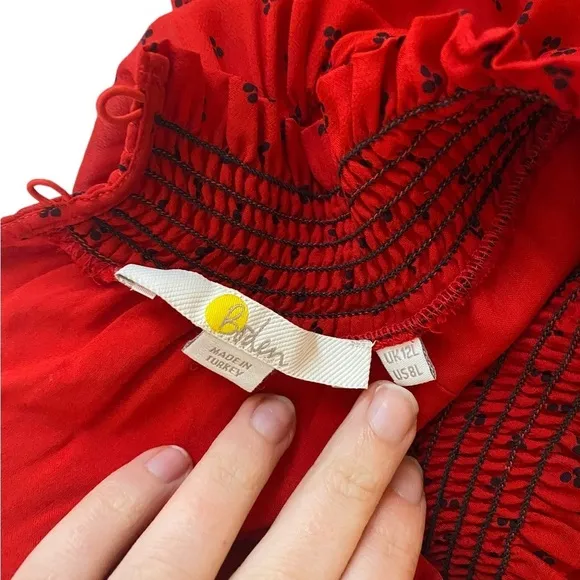 BODEN Carrie Smocked Dress Poinsettia Ruffle Red Long Sleeve