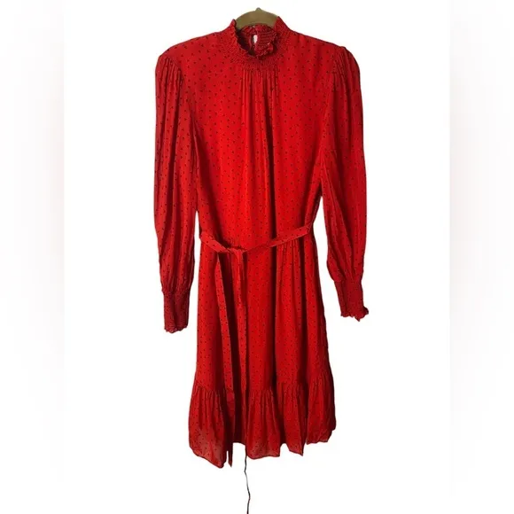 BODEN Carrie Smocked Dress Poinsettia Ruffle Red Long Sleeve