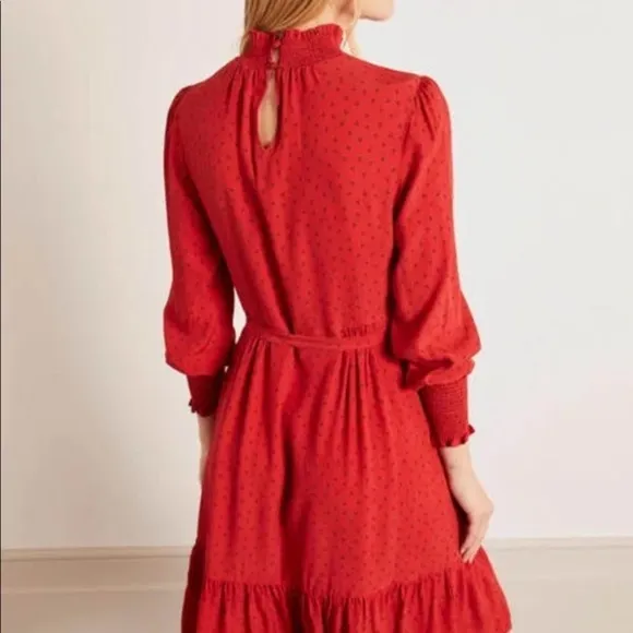 BODEN Carrie Smocked Dress Poinsettia Ruffle Red Long Sleeve