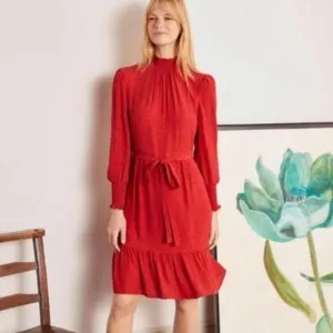 BODEN Carrie Smocked Dress Poinsettia Ruffle Red Long Sleeve