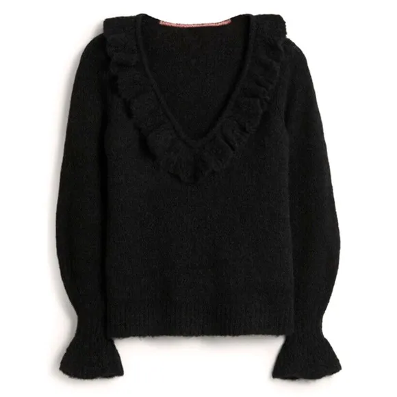 Boden Fluffy Frill Wool Blend V Neck Sweater Size 4 in Black NEW