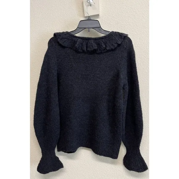 Boden Fluffy Frill Wool Blend V Neck Sweater Size 4 in Black NEW