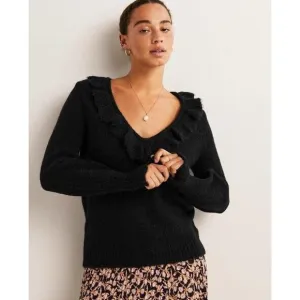 Boden Fluffy Frill Wool Blend V Neck Sweater Size 4 in Black NEW