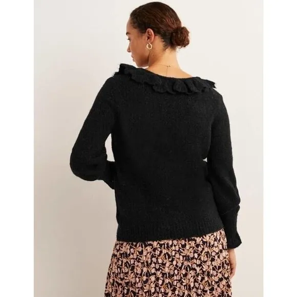 Boden Fluffy Frill Wool Blend V Neck Sweater Size 4 in Black NEW