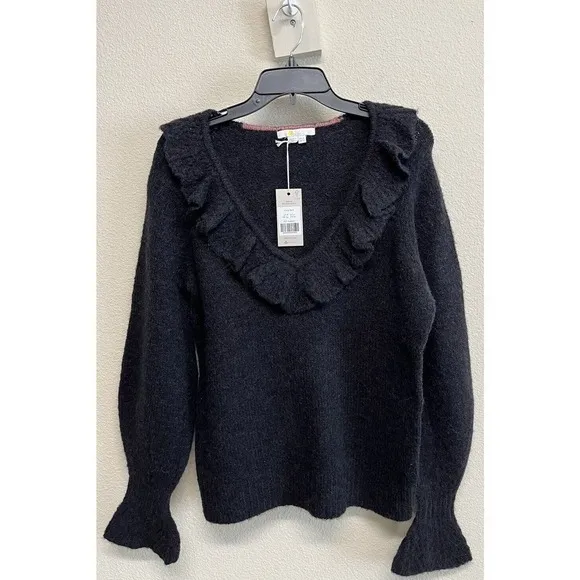 Boden Fluffy Frill Wool Blend V Neck Sweater Size 4 in Black NEW