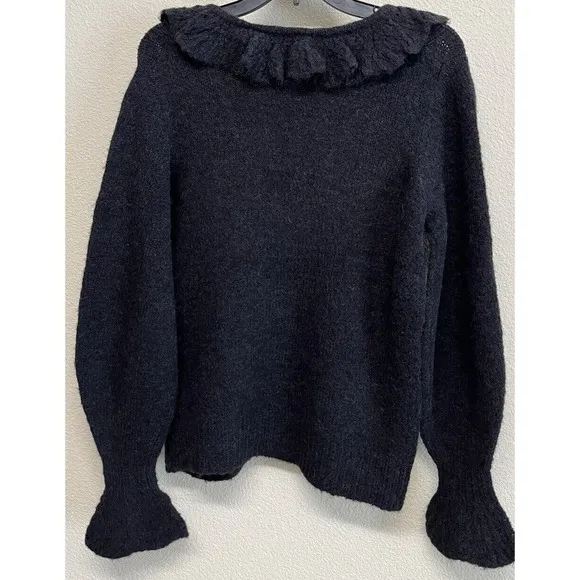 Boden Fluffy Frill Wool Blend V Neck Sweater Size 4 in Black NEW