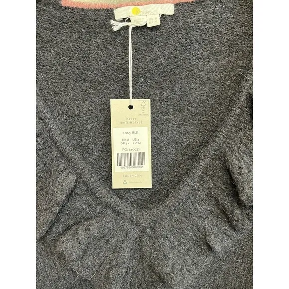 Boden Fluffy Frill Wool Blend V Neck Sweater Size 4 in Black NEW