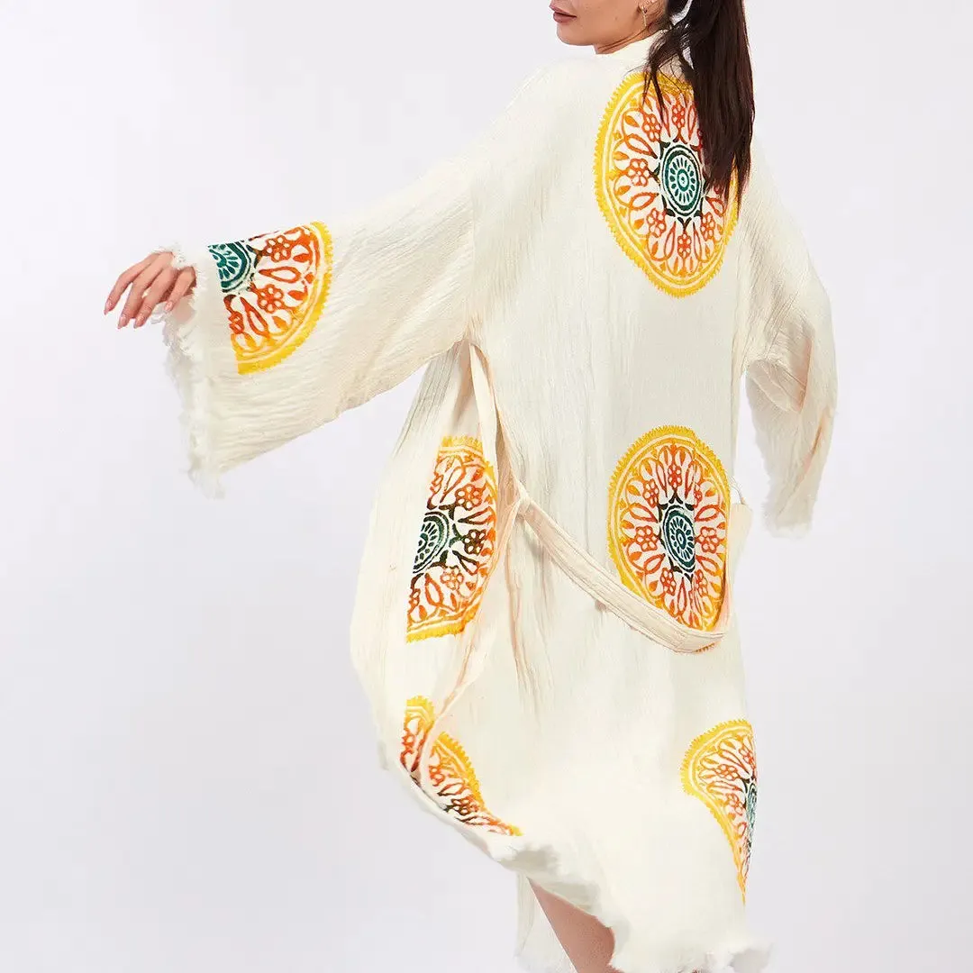 Boho Kimono, Long Kaftan, 0 Cotton Robe