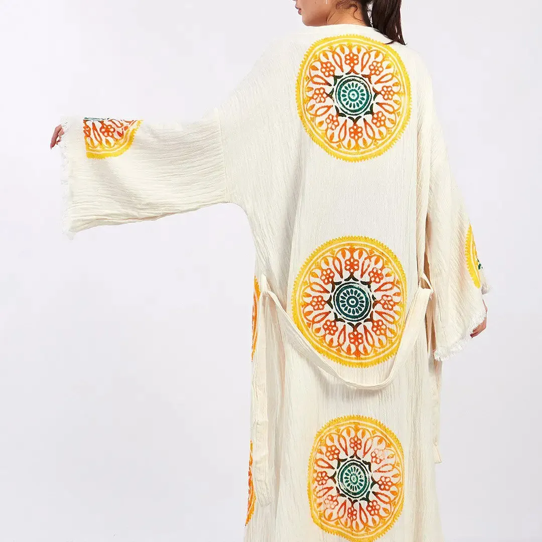 Boho Kimono, Long Kaftan, 0 Cotton Robe