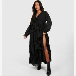 boohoo Plus Frill Plunge Ruffle Maxi Dress Black Size 20 Tiered Front Slit NEW