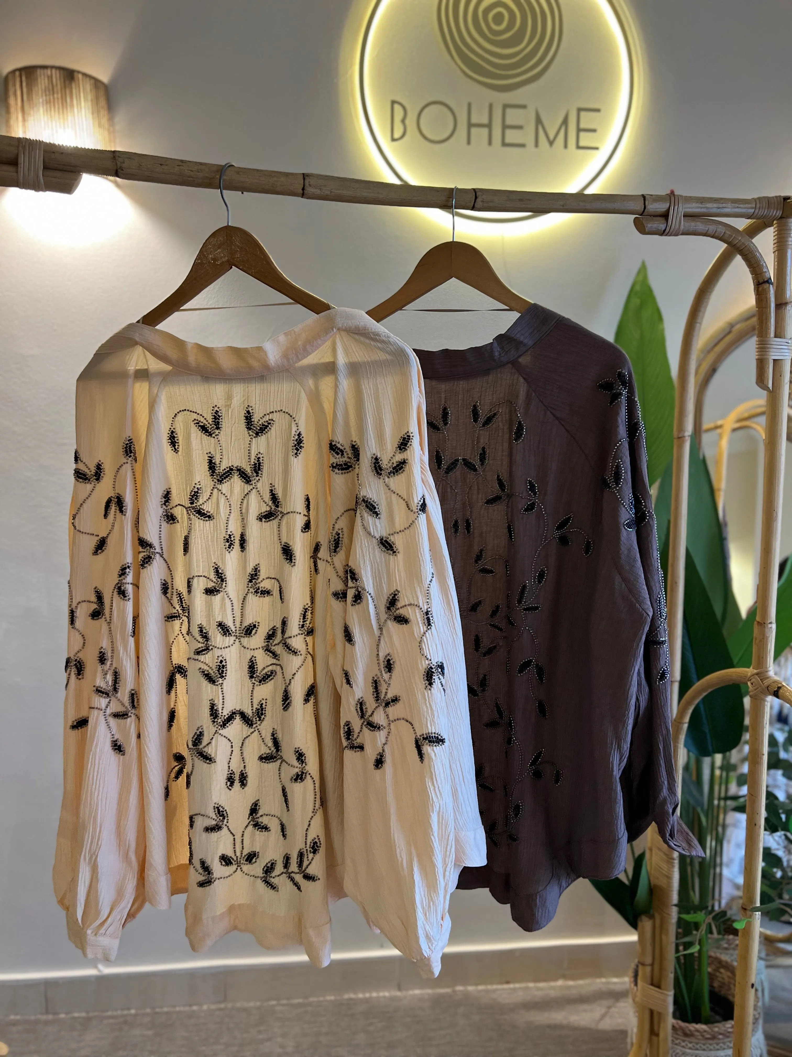 Cafe Brown X Black Leaves Embroidered Kimono