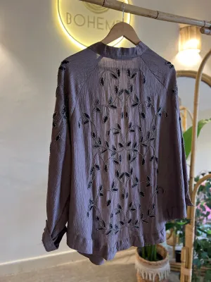 Cafe Brown X Black Leaves Embroidered Kimono