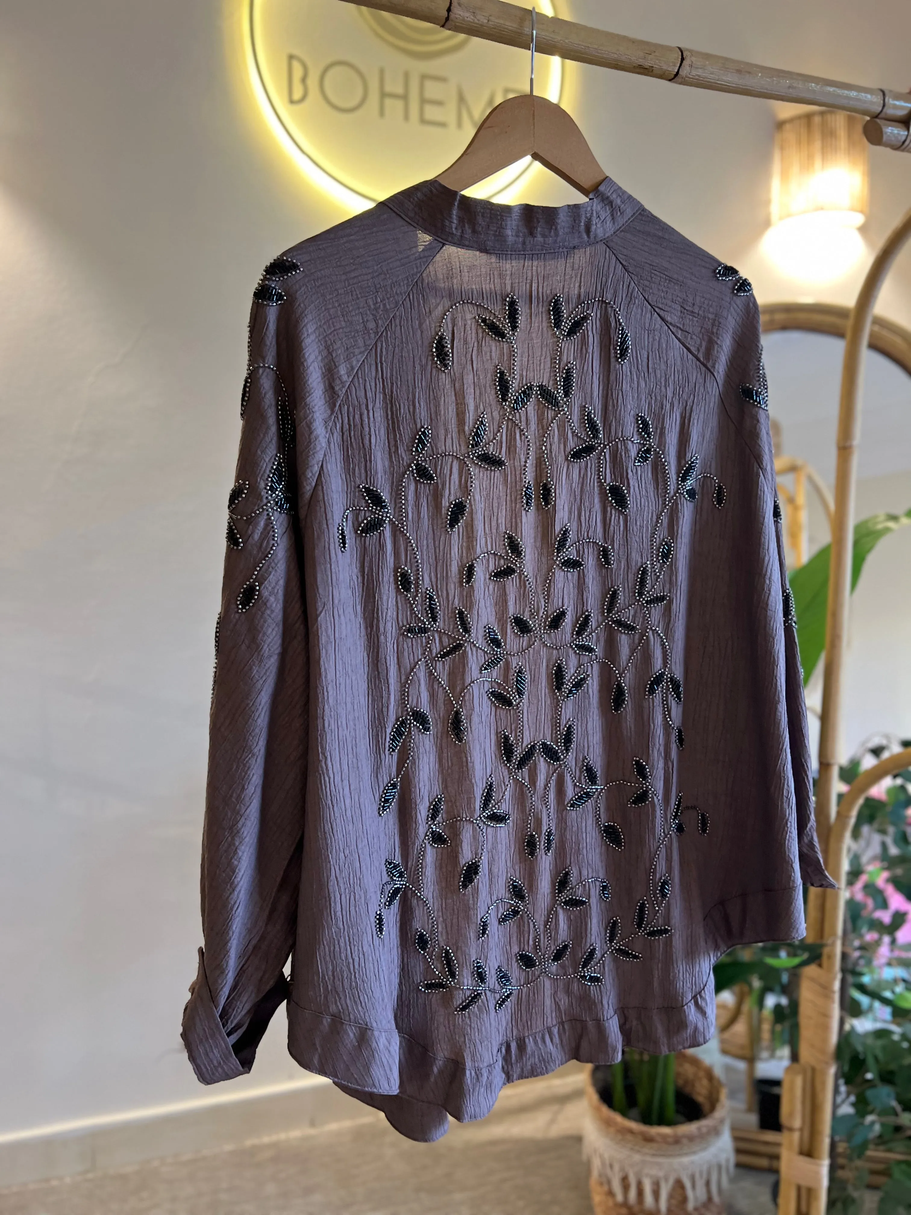 Cafe Brown X Black Leaves Embroidered Kimono