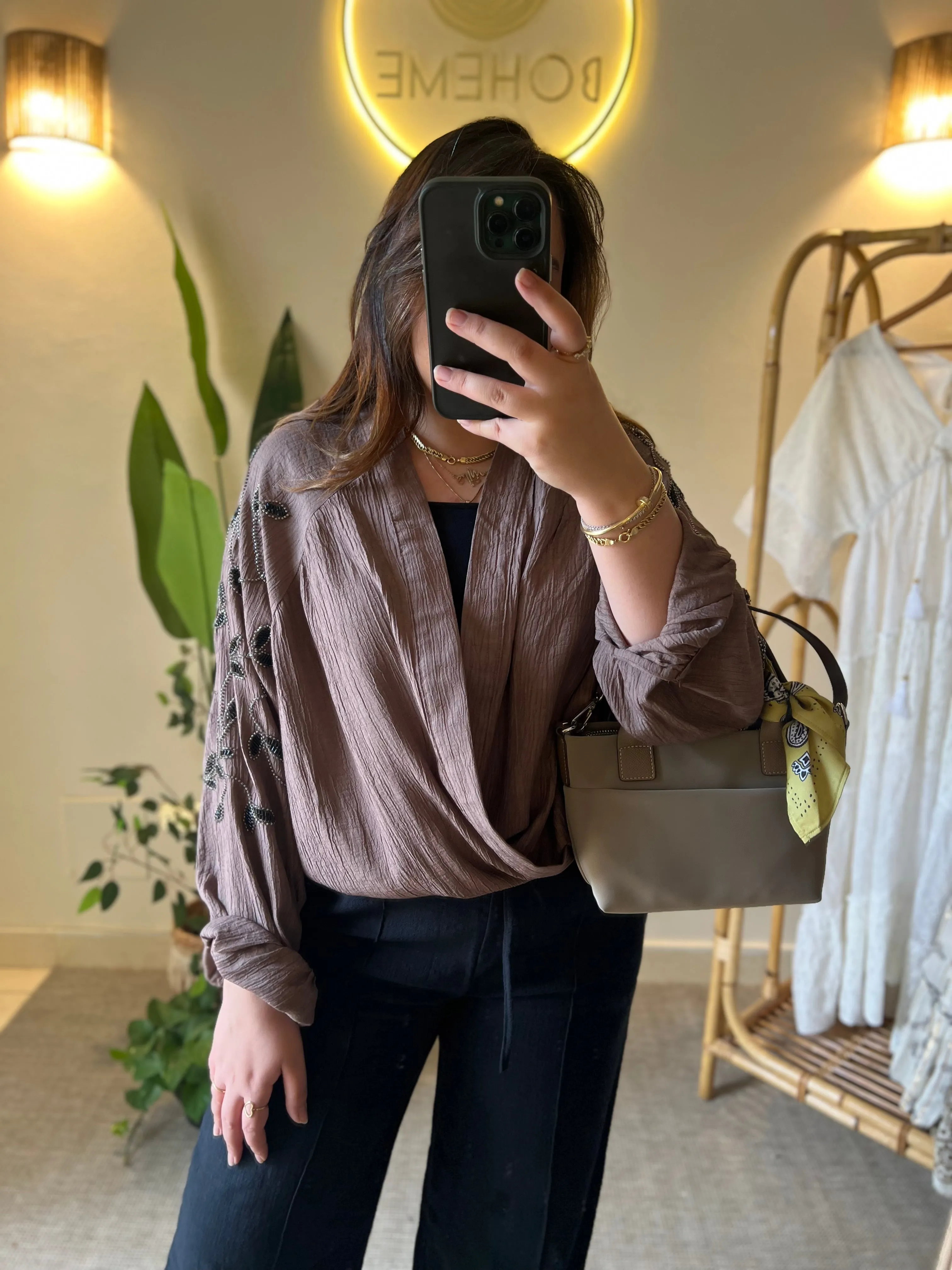 Cafe Brown X Black Leaves Embroidered Kimono