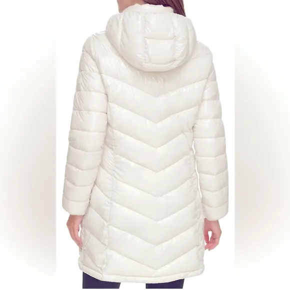 CALVIN KLEIN Cream Hooded Walker Puffer Full Zip Winter Jacket S NWT
