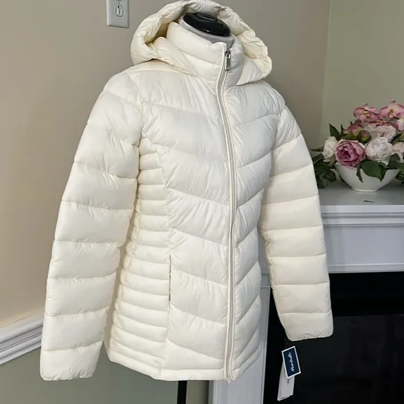 CALVIN KLEIN Cream Hooded Walker Puffer Full Zip Winter Jacket S NWT