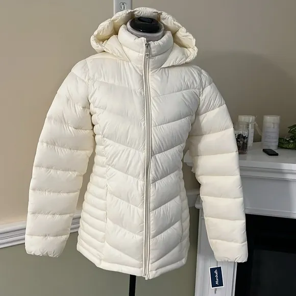 CALVIN KLEIN Cream Hooded Walker Puffer Full Zip Winter Jacket S NWT